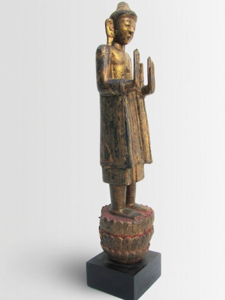 antique-carved-wooden-gilded-statue-of-standing-buddha-on-lotus-base-Thailand- Laos-Burma-00007